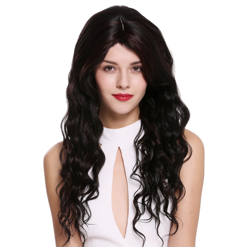Lady women wig very long wavy waved dense streaked mahogany brown mix DW-1649