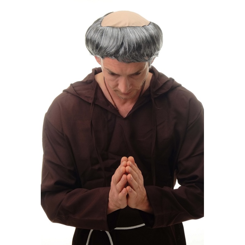 Man Party Wig Halloween tonsure dark gray grey Abbott Monk Priest Medieval 68503