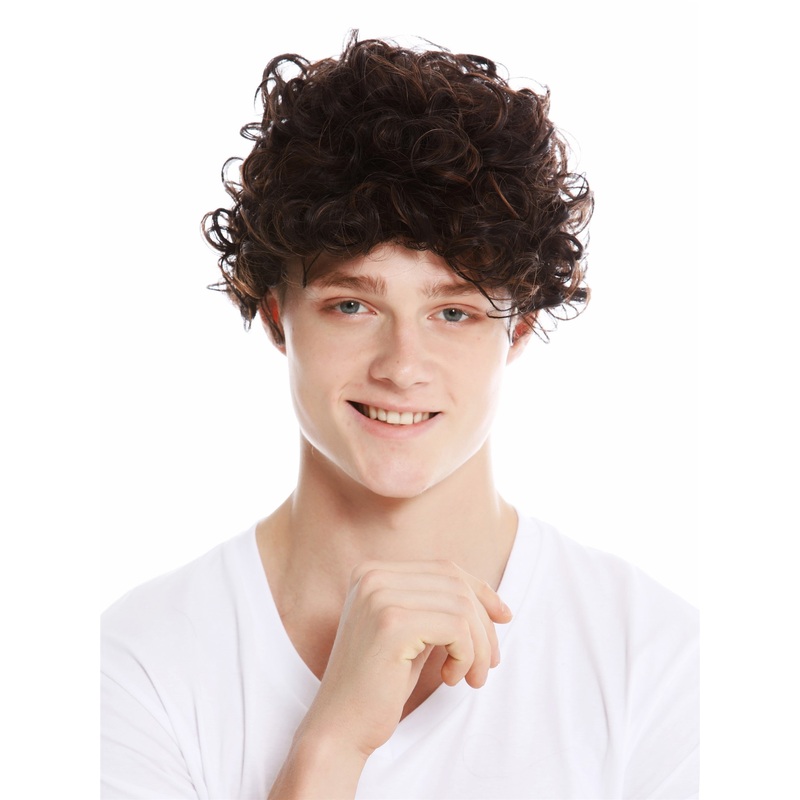 Wig short women men unisex curls curly chestnut brown mix TYL-455
