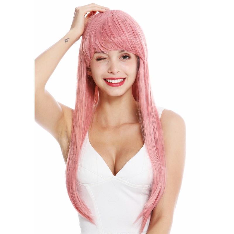 Women’s wig lady cosplay long sleek fringe parted parting pink YZF-41062