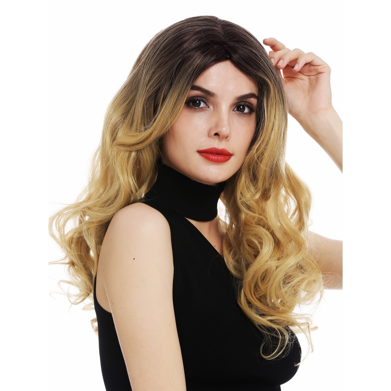 Women’s wig long curls layered parting ombre dark brown blonde mix TYS-1071