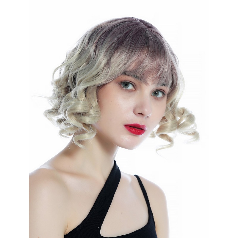 Ladies’ Wig short bangs ringlets curls ombre dark violet light blond SZL0832