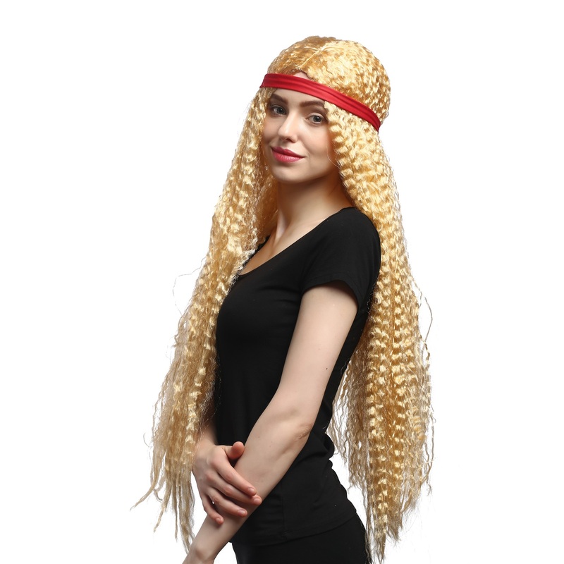 Lady Party Wig long blond kinked kinks middle-parting headband Hippie 70s 90783
