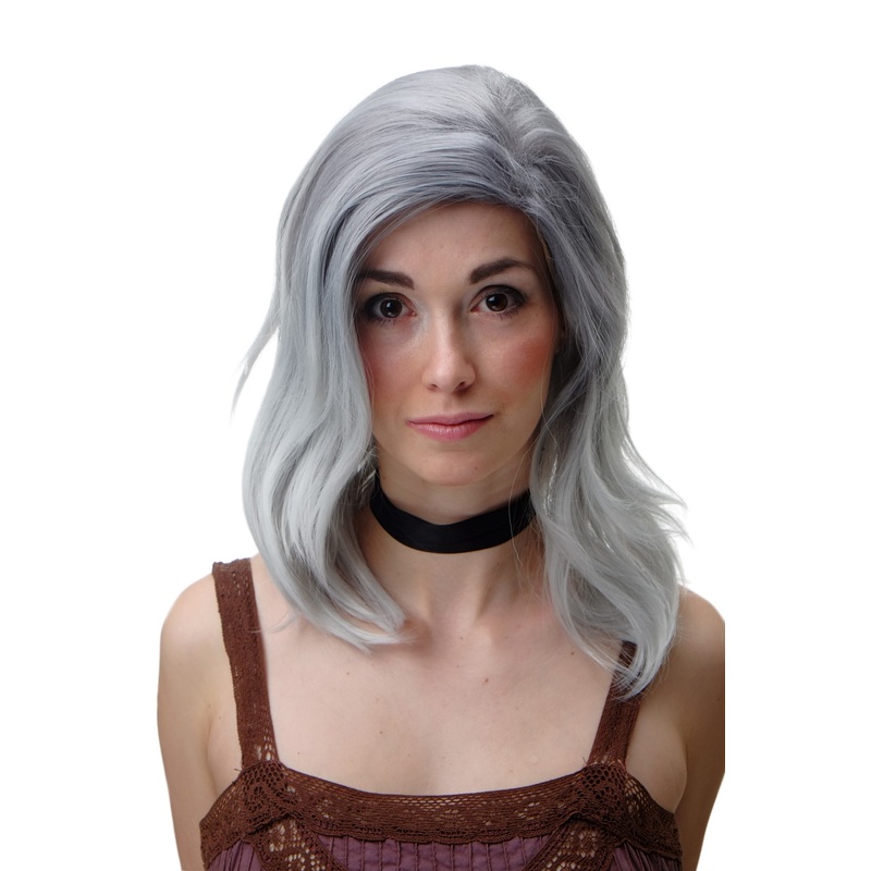Lady Women wig wild parting shoulder length gray grey blue Mix SA083