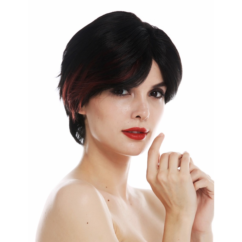 Monofilament women’s wig short sleek parted black red highlights TYM-492-MT