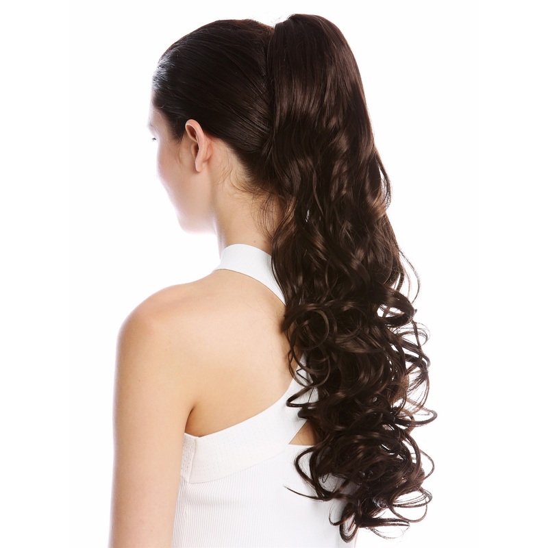 Ponytail long voluminous curled wild straggly wet look chocolate brown 21