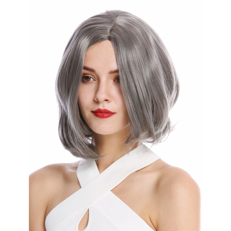 Lady wig women short Longbob Bob middle parting curved tips grey gray YZF-4360