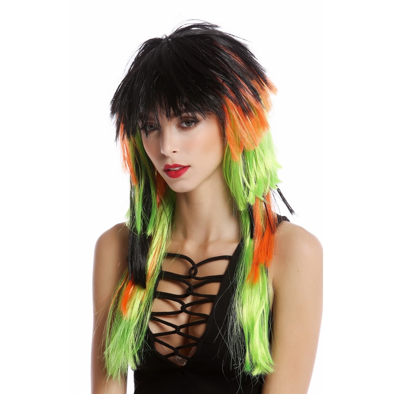 Wig Lady Men Halloween Fan Wig long mullet black orange green layered 80s 90706