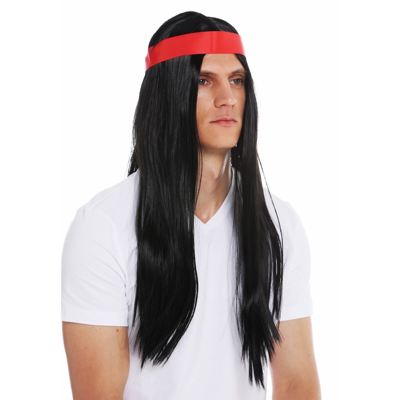 Wig men women 70’s Native American black sleek middle parting head band 7093