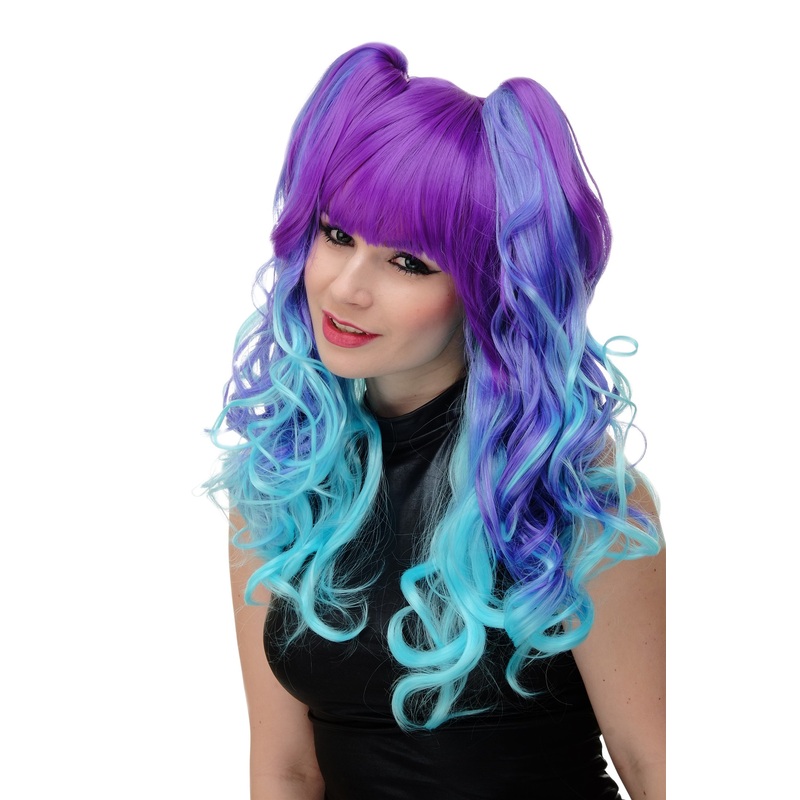 Lady Cosplay Wig long + 2 ponytails curled bangs ombre blue turquois YZF-7096+A