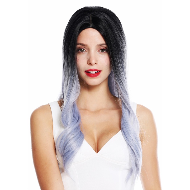 Lady wig women long slightly waved middle parting ombre black blue grey Z1851