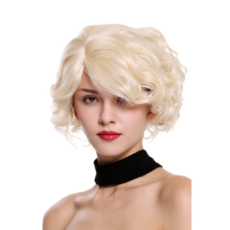 Lady women wig short wild unruly wavy curls curled platinum blonde MINA