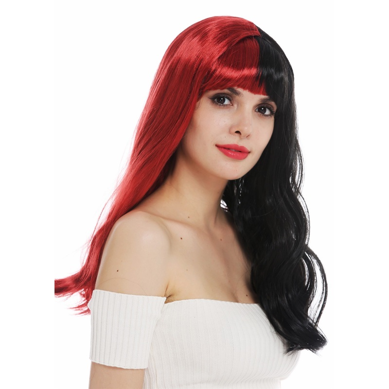 Wig carnival Cosplay women long wavy fringe black red half half parted 6820739
