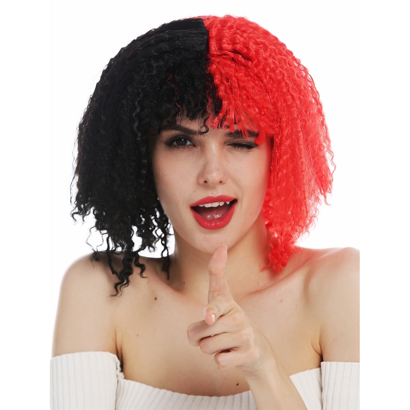 Women’s wig Halloween carnival shoulder length curls black red half half DEC299