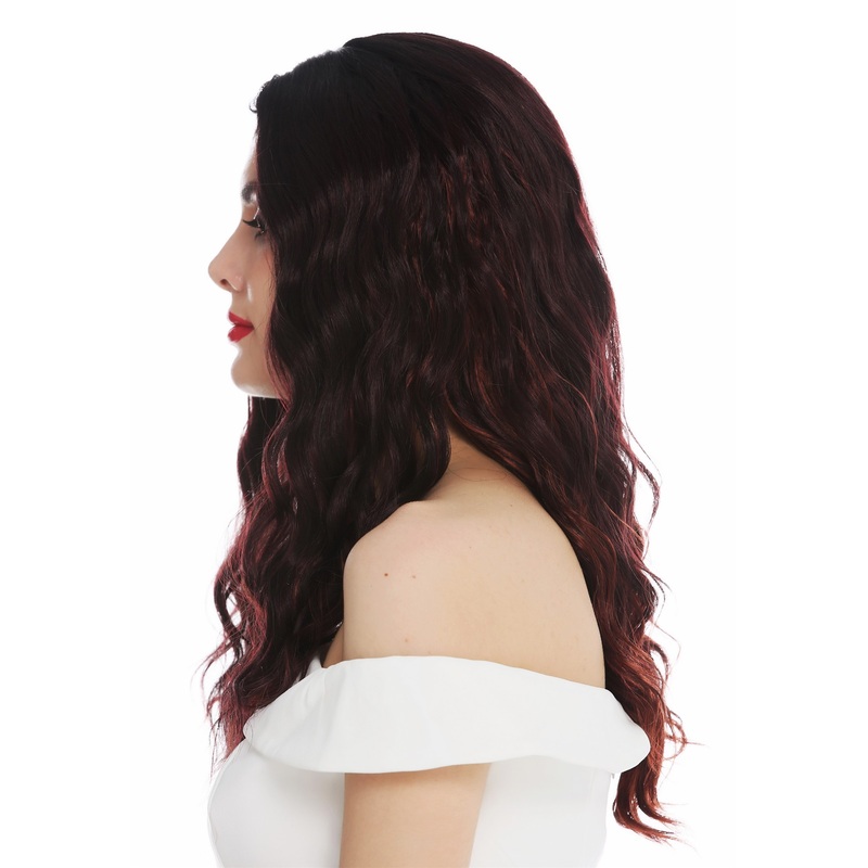 Women’s wig ladies long wavy water wave middle parting black red highlights VK-9