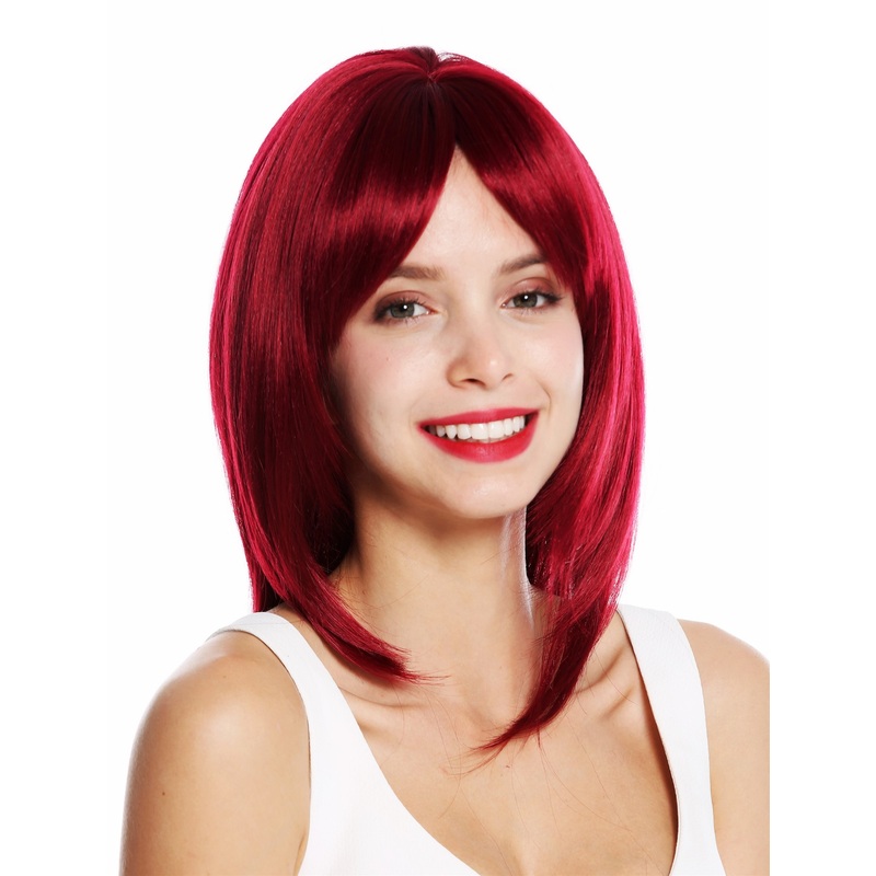 Women’s wig shoulder length layered long fringe parted wine red VK-48