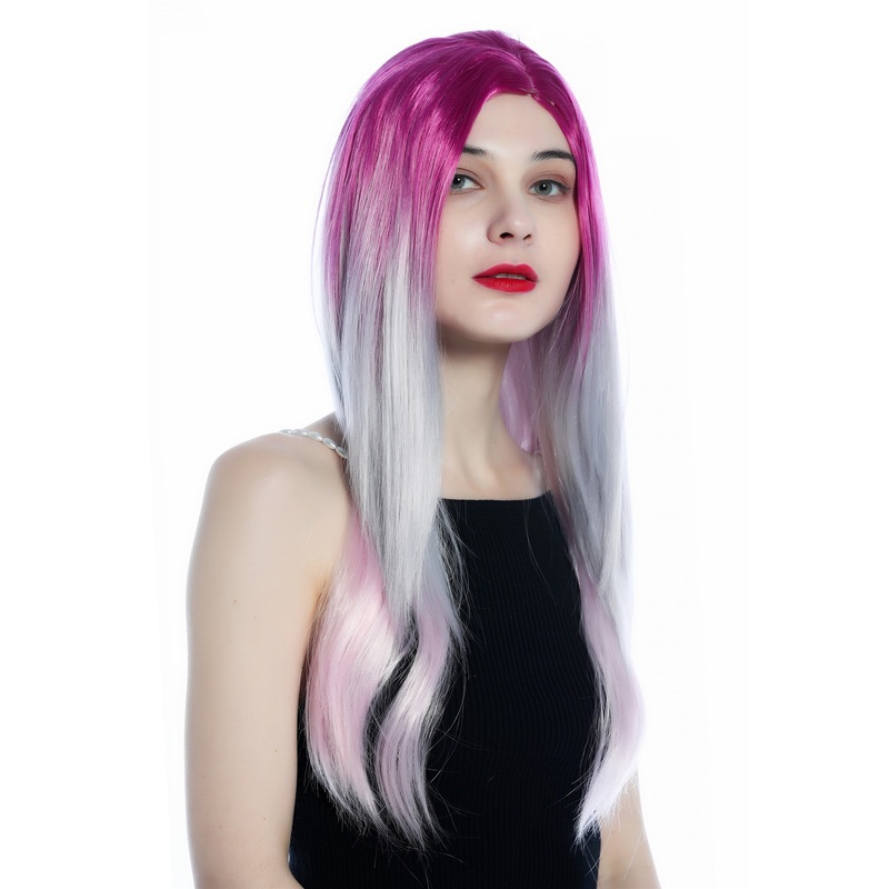 Ladies’ wig long sleek smooth middle-parting ombre balayage grey pink ZM-1031