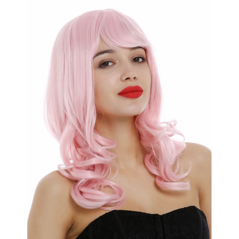 Lady Wig women long wavy to curled curls fringe bangs light pink 3001
