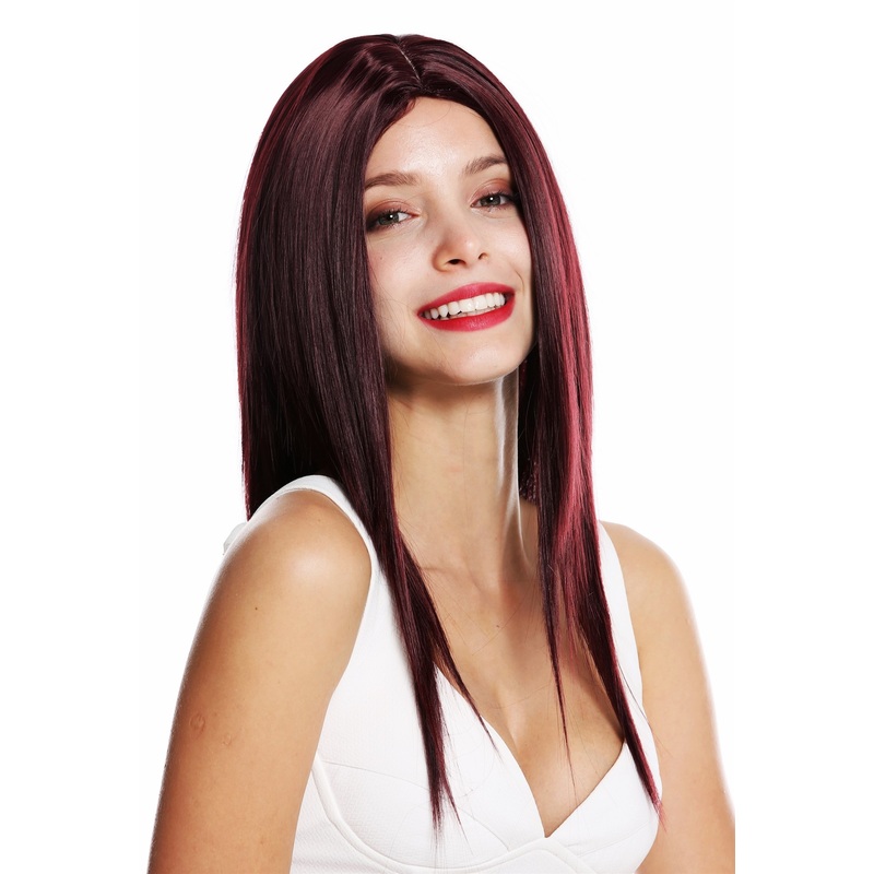 Women’s wig lady wig long sleek layered middle parting Bordeaux red VK-34