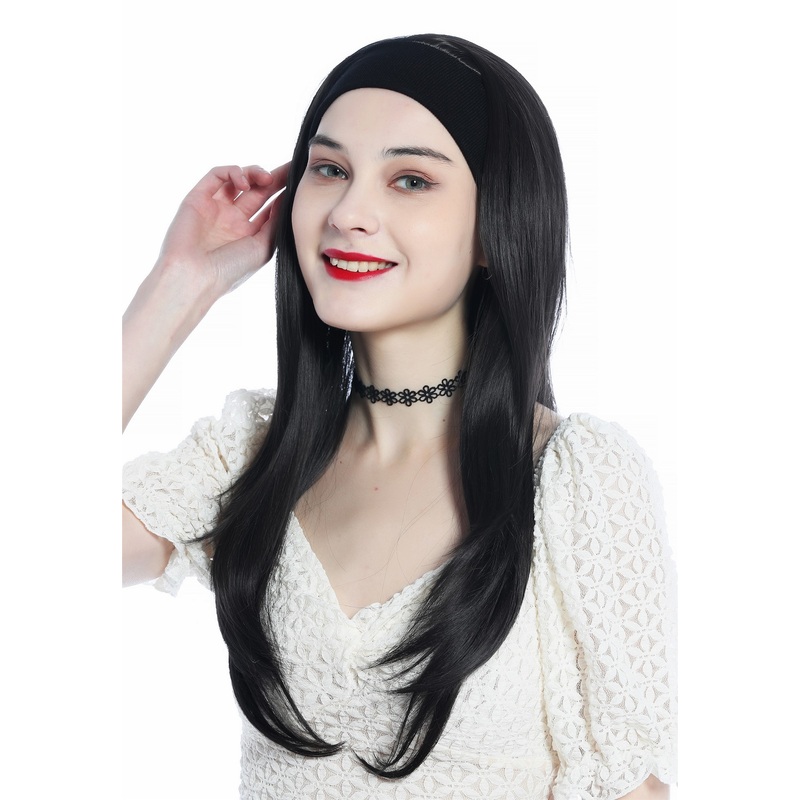 Lady wig half wig black headband retro long straight dark brown H9306