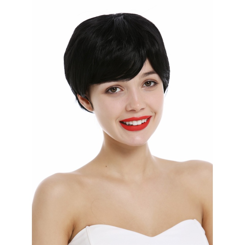 Lady wig very short Pixie cut slightly wavy voluminous parting black YZF-41020