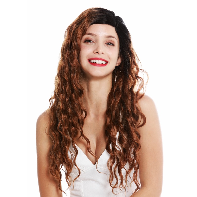 Monofilament women’s wig parting curly ombre black copper brown  long VK-13-MF