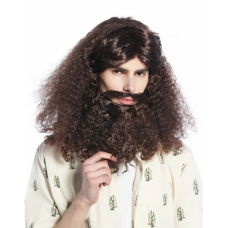 Wig Beard Set Halloween Carnival long curled brown Guru Hippie Hipster 210331