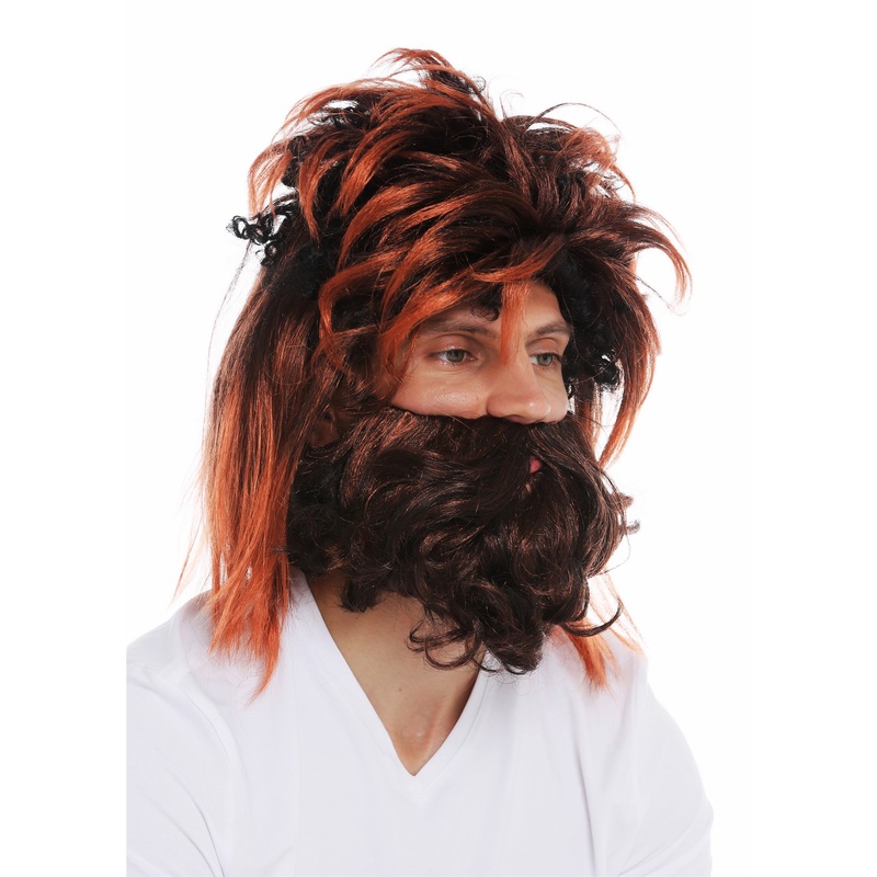 Wig & beard set men prehistoric neanderthal black red brown highlights DT9383