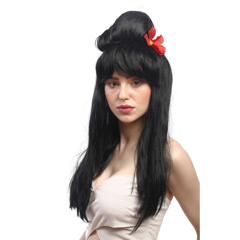 Lady Wig black beehive Flower hairbun Carmen Spanish Geisha China Japan 90915