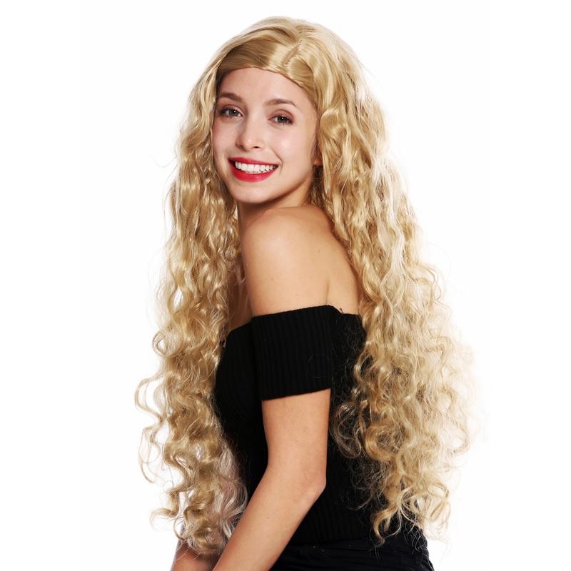 Lady wig very long curly curls side parting blonde honey blonde SJW3678