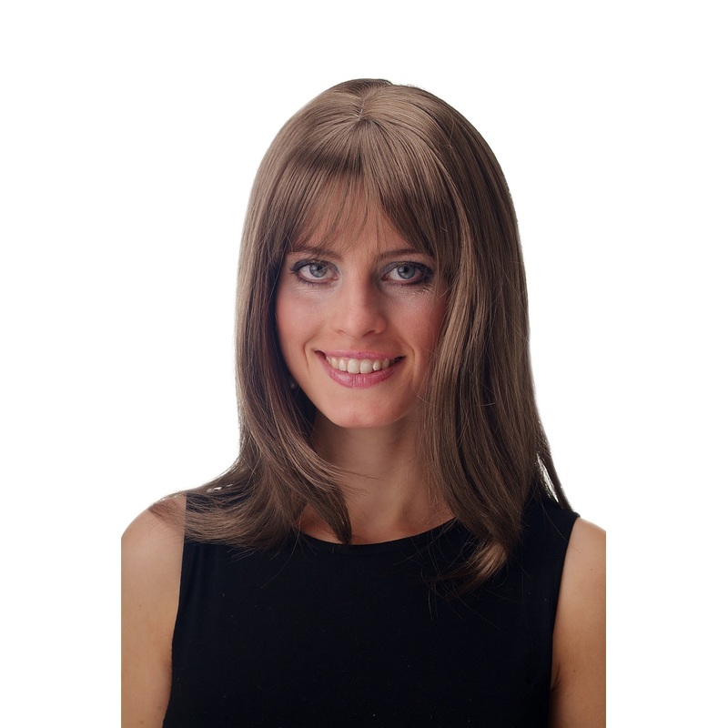 Lady women wig long straight layered fringe bangs light brown brunette GFW09