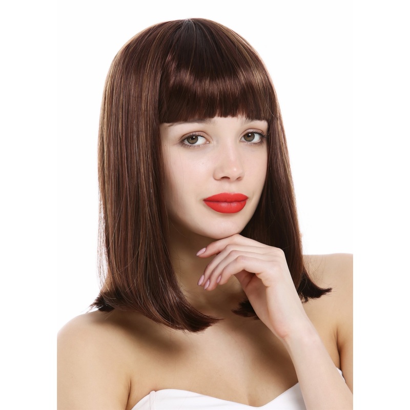Longbob lady wig sleek femme fatale clavi cut bangs auburn streaked blond VK-39