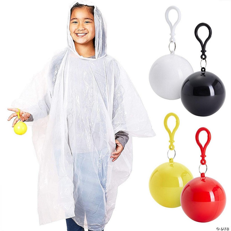 4 Pack Disposable Rain Ponchos for Kids with Hood and Attachable Round Case, Clear Plastic Raincoats for Emergency, Girls, Boys, White