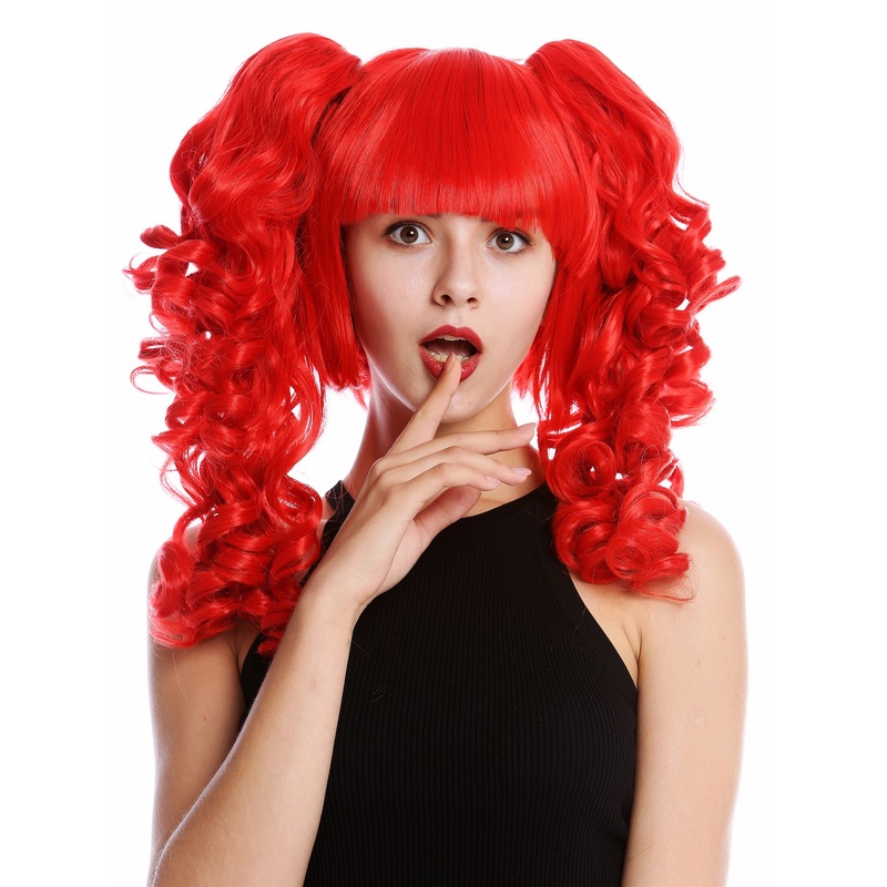 Lady Cosplay Wig bob + 2 ponytails pigtails curled bangs ringlets red YZF-7080+A