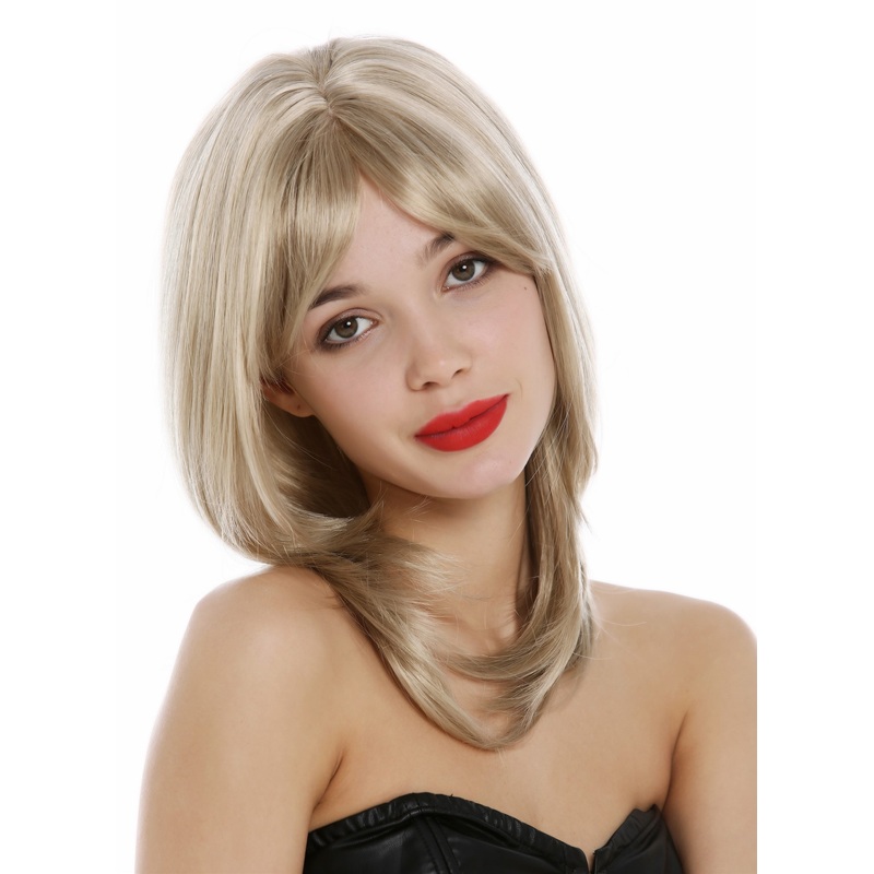 Lady wig shoulder length straight layered parted long fringe ash blonde VK-48