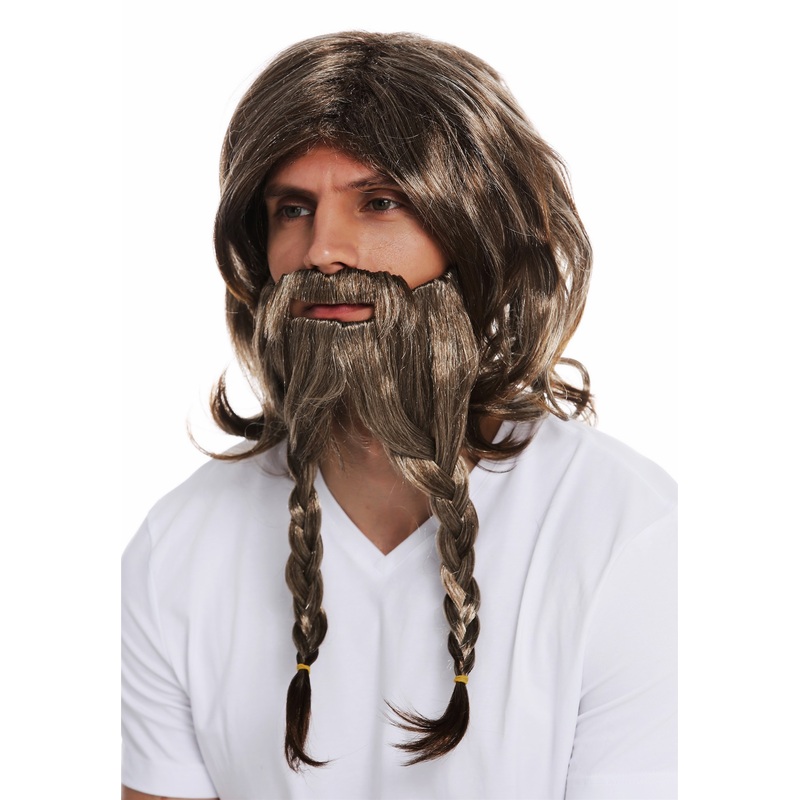Wig & beard Halloween men viking German barbarian brown tangled plait 70774