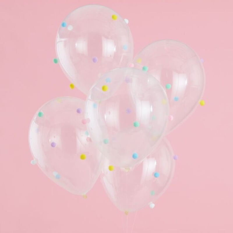 5 pastel rainbow pompom balloons 30cm