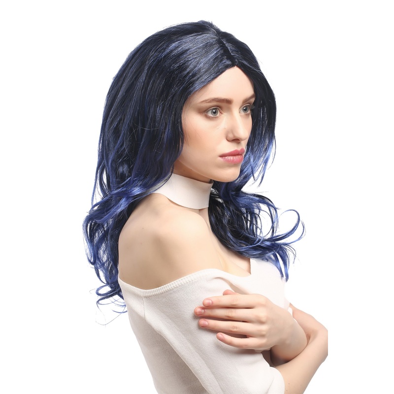 Lady Party Wig glamorous black blue violett Diva middle parting wavy long 91275