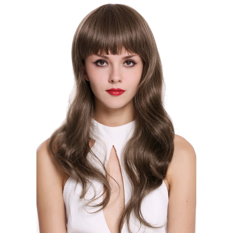 Lady wig long bangs fringe wavy waved brown ash blond streaked mix 87112