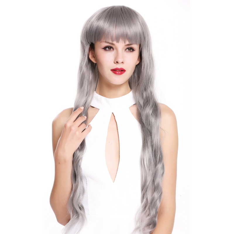 Lady Woman Wig very long wide bangs fringe wavy light gray grey 6039