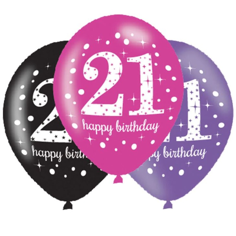 Black Pink Purple 21st Birthday Latex Balloons – 6 Pack