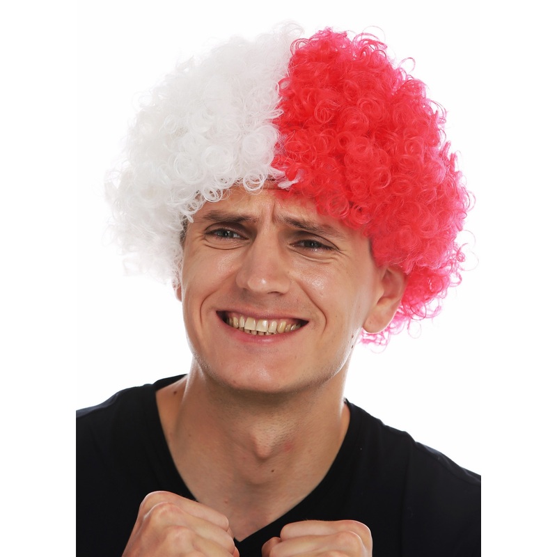 Fan wig carnival afro soccer football world cup white red half and half MMAM-15M