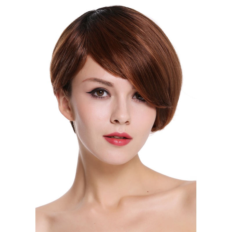 Lady wig human hair short parting sleek voluminous black copper red  RGH-5334-HH
