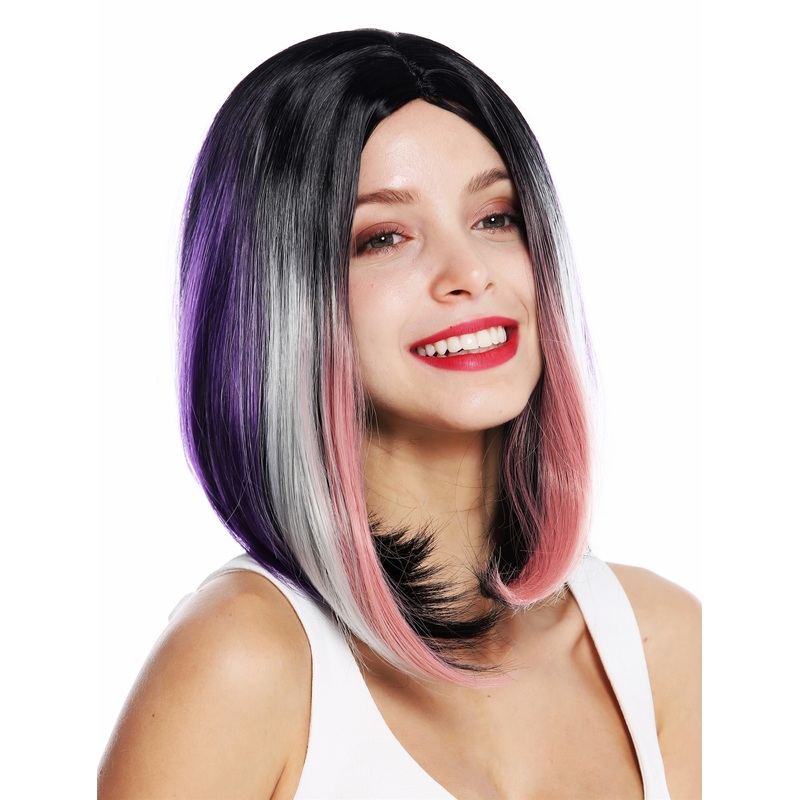 Lady wig short sleek long bob middle parting ombre black purple pink ZM-1769