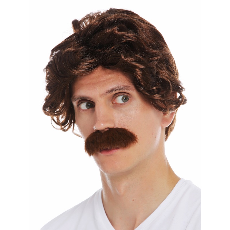 Wig Halloween men mustache 70’s retro cop policeman grandpa reddish brown 7090