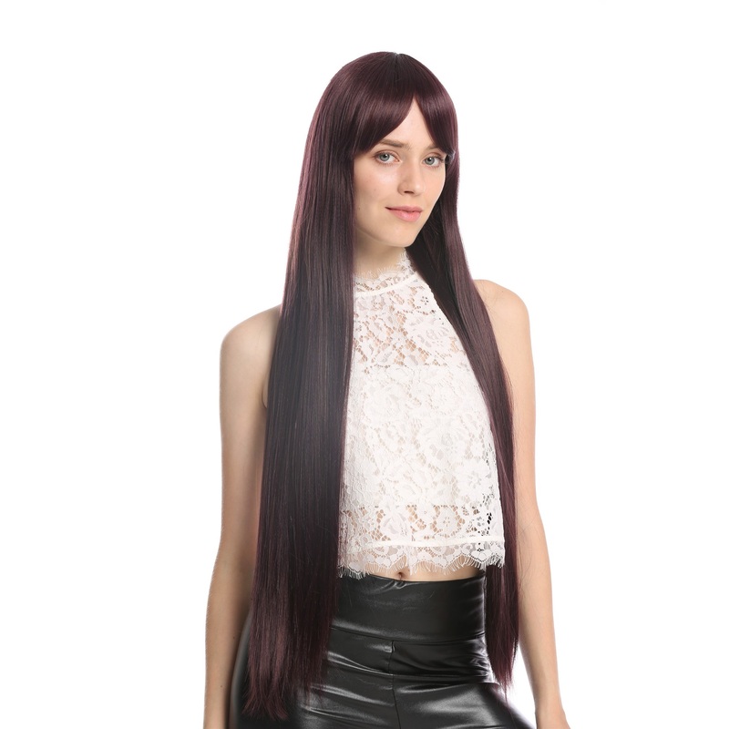 Women’s wig very long sleek side parting violet dark auburn highlights VK-7