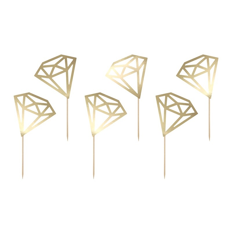 6 golden cupcake toppers in diamond shape 9.5cm