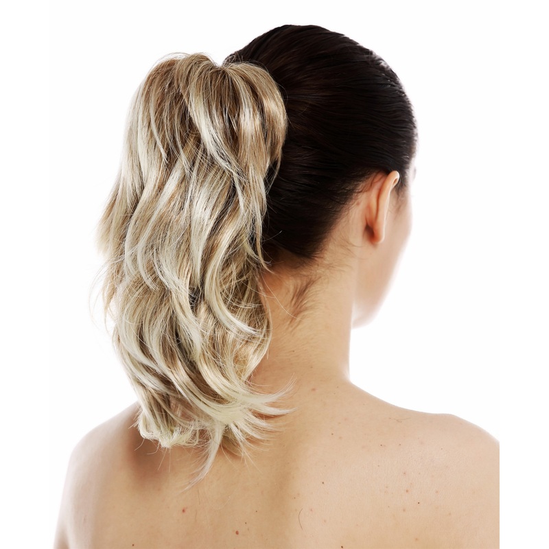 Hairpiece ponytail claw clamp short wavy curled mix blonde platinum  XF-6381