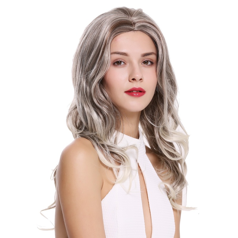 Lady wig long wavy waved middle parting brown bright blond highlights DW1595