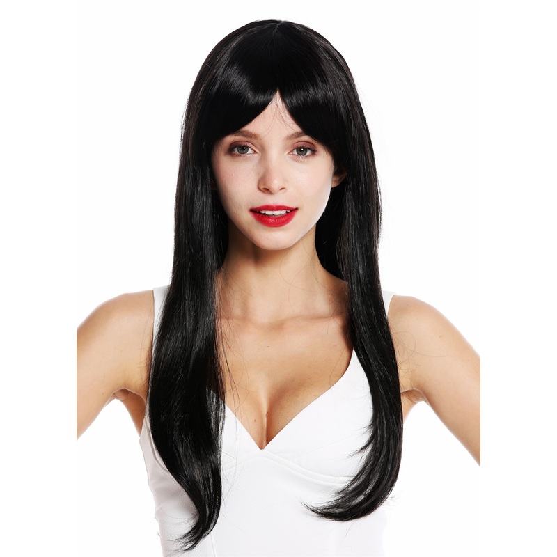 Women’s wig long straight slightly waved long fringe parted off black VK-30